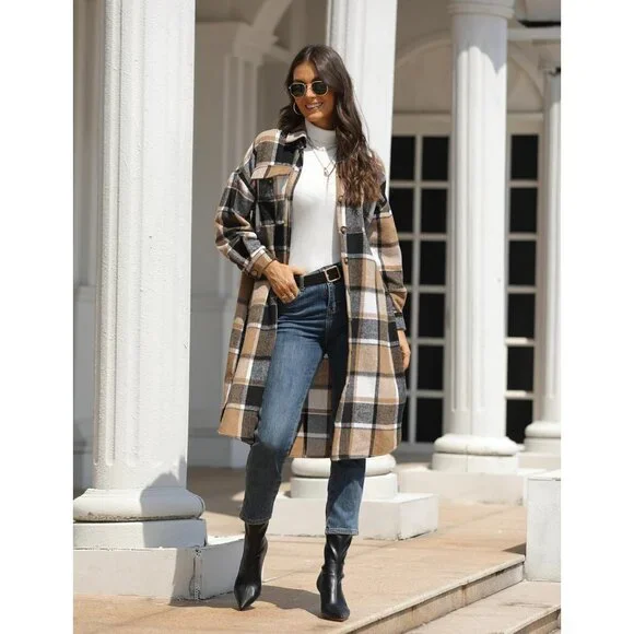 Women's Flannel Plaid Shacket Fall Oversized Long Button Down Shirt Jacket Shack